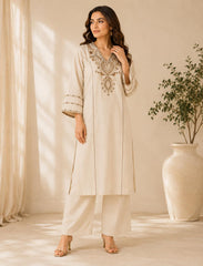 Beige Embroidered Khadi Cotton Kurta Set with Dupatta