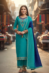 Heavily Embroidered Silk Suit Set with Dupatta