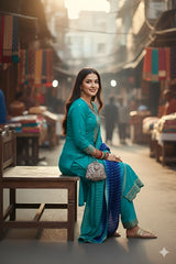 Heavily Embroidered Silk Suit Set with Dupatta-Blue