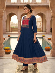 Royal Navy Blue Cotton Silk Anarkali Kurta Set with Printed Dupatta