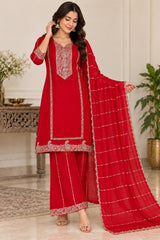 Elegant Red Embroidered Kurta Sharara Set with Dupatta in premium Chinon Fabric