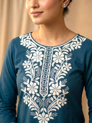 Elegant Navy Blue Cotton Kurta with Embroidered Yoke & White Chikankari Palazzo