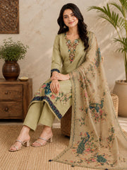 Sage Green Linen Kantha Embroidered Kurta Set with Printed Dupatta