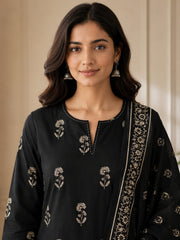 Black Cotton Printed Kurta Set with Floral Dupatta