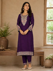 Royal Purple Vichitra Silk Kurta Set with Embroidered Dupatta & Potli Bag