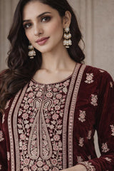Fully Stitched Velvet Embroidered Kurta Set with Velvet Dupatta