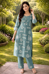 Elegant Sage Green Cotton Printed Daily Wear Kurta Set with Dupatta