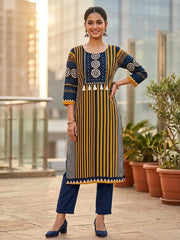 Elegant Navy & Mustard Cotton Kurta Set with Dupatta