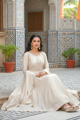 Ivory Vichitra Silk Anarkali Kurta Set with Elegant Embroidery & Dupatta
