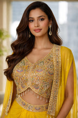 Sunshine Yellow Silk Designer Crop Top with Draped Skirt & Net Jacket