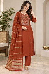 Beautiful Rust Roman Silk Embroidered Kurta Pant Set with Dupatta