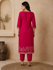 Rani Pink Dola Silk Embroidered Kurta Set with Floral Printed Dupatta