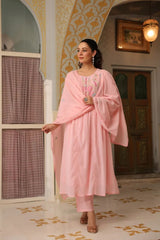 Blush Pink Mul Cotton Embroidered Kurta Set with Dupatta