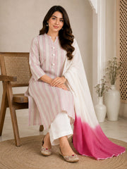 Elegant Pink Striped Cotton Kurta Set with White Dip-Dyed Dupatta