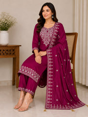 Rani Pink Vichitra Silk Kurta Set with Embroidered Dupatta & Potli Bag