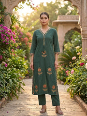 Green Handwork Cotton Kurta Set with Printed Dupatta