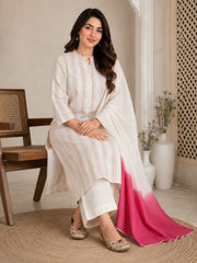 Elegant Off-White Striped Cotton Kurta Set with Pink Dip-Dyed Dupatta