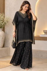 Elegant Black Chinon Embellished Kaftan Set with Flared Pants