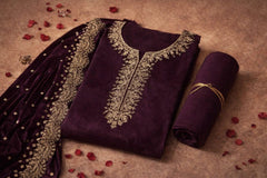 Unstitched Wine Embroidered Velvet Suit Set