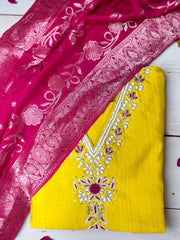 Bright Yellow Embroidered Suit Set with Pink Dupatta
