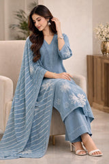 Graceful Dusty Blue Linen Kurta Set with Embroidery & Appliqué Work and Digital Print Dupatta