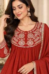 Beautiful Rust Mul Chanderi Embroidered Anarkali Suit Set