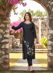 Black Rayon Slub Kurta Set with Floral Embroidery & Dupatta
