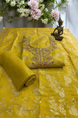 Elegant Mustard Yellow Shimmer Jacquard Unstitched Suit