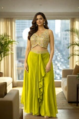 Green Embroidered Crop Top with Draped Skirt & Net Jacket