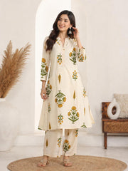 Off-White Handloom Cotton A Line Kurta Set with Floral Buta Print