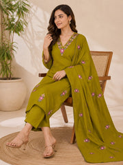 Olive Green Cotton Embroidered Kurta Set with Dupatta