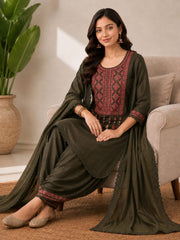 Army Green Embroidered Cotton Dhoti Kurta Set