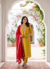 Sunshine Yellow Roman Silk Kurta Set with Embroidered Neck & Red Dupatta