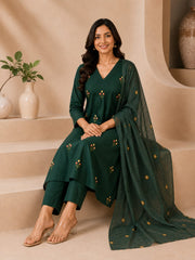 Emerald Green Cotton Embroidered A-Line Long Kurta Set with Dupatta