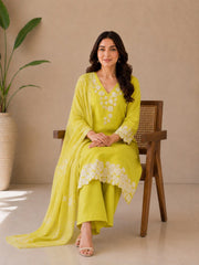 Lime Green Cotton Embroidered Kurta Set with Dupatta
