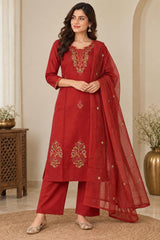 Pure Cotton Maroon Embroidered Kurta Palazzo Set with Dupatta