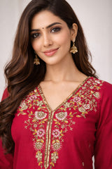 Rani Pink Embroidered Suit Set with Banarasi Dupatta