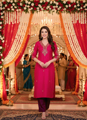 Elegant Dark Pink Silk Blend Suit Set with Embroidered Kurta & Printed Dupatta