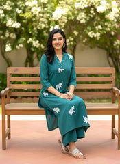 Teal Green Elephant embroidery Kurta Palazzo Set