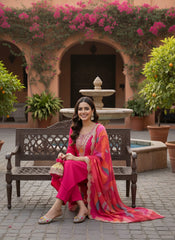 Beautiful Pink Kurta Set with Embroidered Neckline & Designer Printed Dupatta