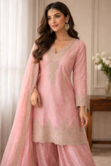 Elegant Blush Pink Shimmer Embroidered Kurta Set with Dupatta