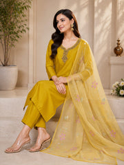 Yellow Roman Silk Mirror Work Kurta Set with Dupatta