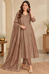 Stunning Mocha Roman Shimmer A-Line Kurta Set with Dupatta