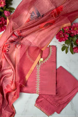 Elegant Rose Pink Silk Blend Suit Set with Embellished Kurta & Printed Dupatta