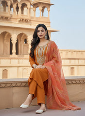 Rust Orange Rayon Kurta Set with Embroidered Yoke & Printed Dupatta