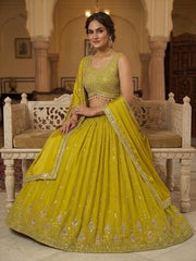 Lime Green Silk Blend Embroidered Lehenga Set with Dupatta (Sleeves Included)
