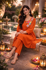 Premium Orange Mal Chanderi Co-Ord Set with Handwork & Embroidery
