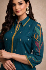 Graceful Teal Cotton Kurta Set with Artistic Detailing
