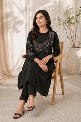 Black Handloom Cotton Embroidered Cotton A-Line Kurta Set