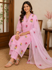 Baby Pink Cotton Floral Embroidered Kurta Set with Dupatta